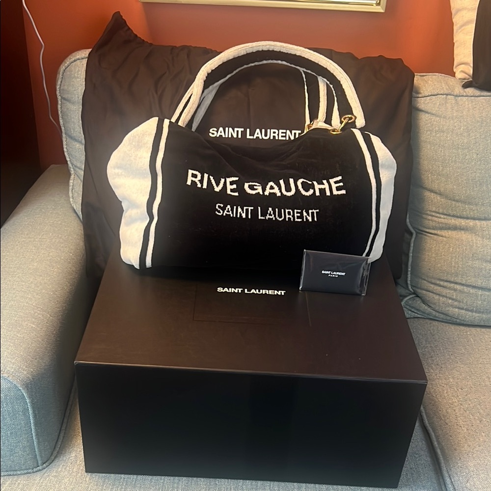 Saint Laurent Black and White Rive Gauche Towel Cabas in Terrycloth - Pre-loved